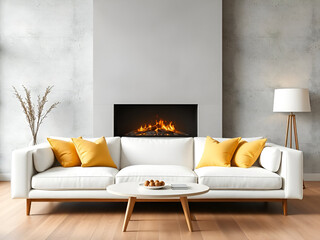 Modern living room with concrete walls yellow accents and minimalist furniture.