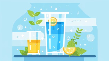 Refreshing Drinks with Lemon and Mint in Modern Artwork