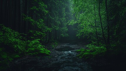 Fototapeta premium Enchanting Forest Stream, Verdant Canopy, Mystical Path