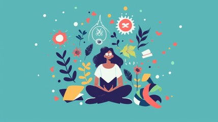 Fototapeta premium Illustration of Woman Practicing Mindfulness and Meditation Among Nature Symbols