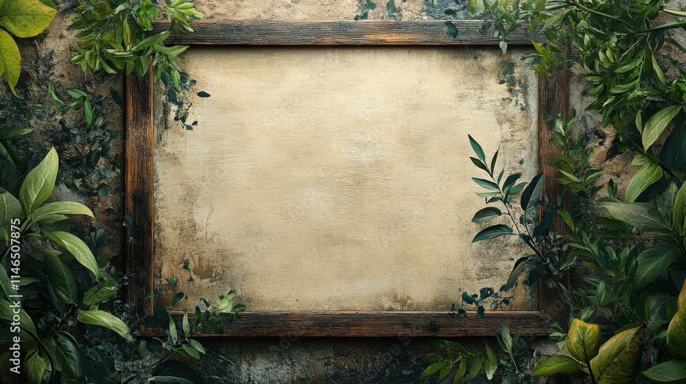 Poster a rustic, empty frame adorned with lush green foliage, creating a natural, inviting backdrop for art