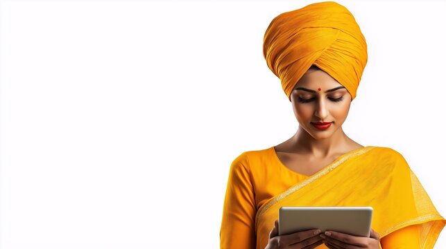Indian Woman in Traditional Attire Using Tablet Device with Focused Expression and Vibrant Turban, Showcasing Modern Technology and Cultural Heritage