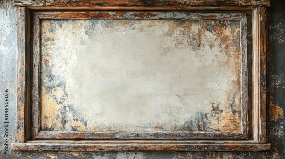 Poster a rustic wooden frame with a weathered appearance surrounds a blank canvas, showcasing a hint of vin