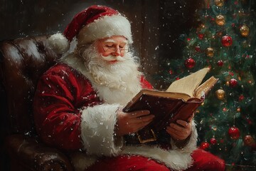 Santa Claus reading a book near Christmas tree in a vintage oil painting style