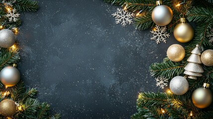 Christmas restaurant menu decorated, gold and light silver balls, frame image, in the style of [santa, christmas tree and lights], shaped canvas 