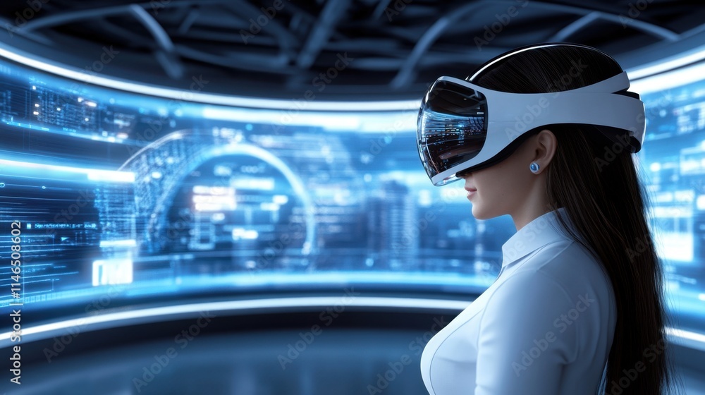 Poster woman is wearing a futuristic virtual reality headset, standing in front of a large, curved digital 