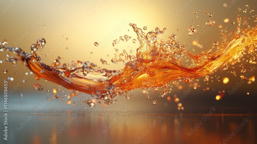 Poster amber liquid splashing dynamically against background