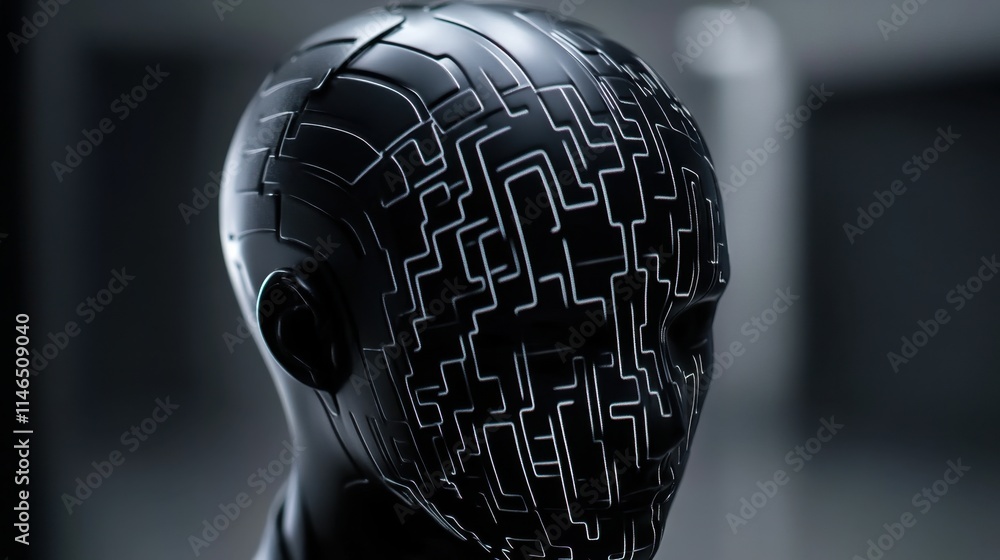 Poster futuristic robot head with a circuit-like pattern, suggesting themes of technology and artificial in