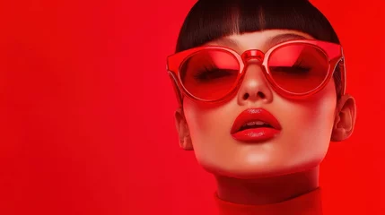 Woman with red sunglasses and red lipstick against a red background, evoking a bold and fashionable aesthetic © Олег Фадеев