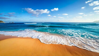 Beautiful sandy beach and soft blue ocean wave. Sea background. generative AI