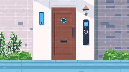 Smart Home Entrance with Wooden Door and Security Features
