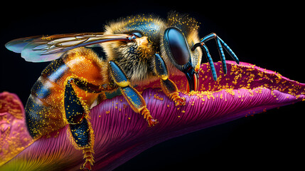 Bee collecting pollen on vibrant flower petal.