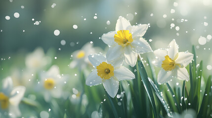 Blooming white daffodils with morning dew.