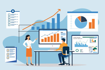 Business team analyzing and monitoring data on web report dashboards, focusing on research, analytics, and financial investment concepts for corporate strategy and growth insights.