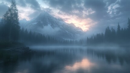 Fototapeta premium Misty Mountain Lake at Sunrise Scene