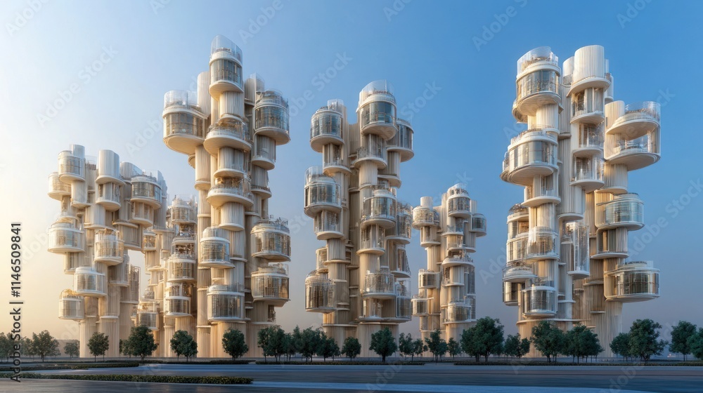 Poster futuristic architectural design featuring unique, stacked residential structures.
