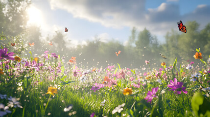 Butterflies in a sunlit blooming meadow