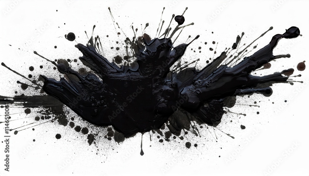 Aufkleber Dynamic Abstract Black Ink Splatter Explosion with Bold Drips and Chaotic Splatters on White Canvas. Symbolizing Creativity, Chaos, and Artistic Expression for Modern Digital or Print Art Inspiration