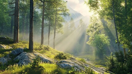 Obraz premium Mountain Landscape with Sun Beams in Ukrainian Carpathians