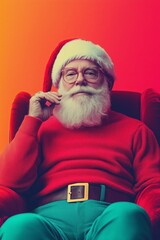 Naklejka premium Santa Claus sitting on red armchair is stroking his white beard wearing red sweater and green trousers
