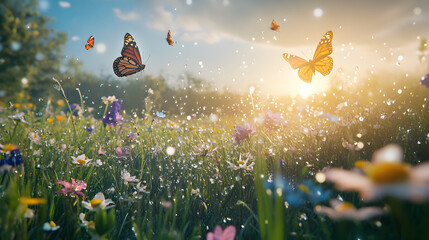 Colorful butterflies in a sunlit meadow