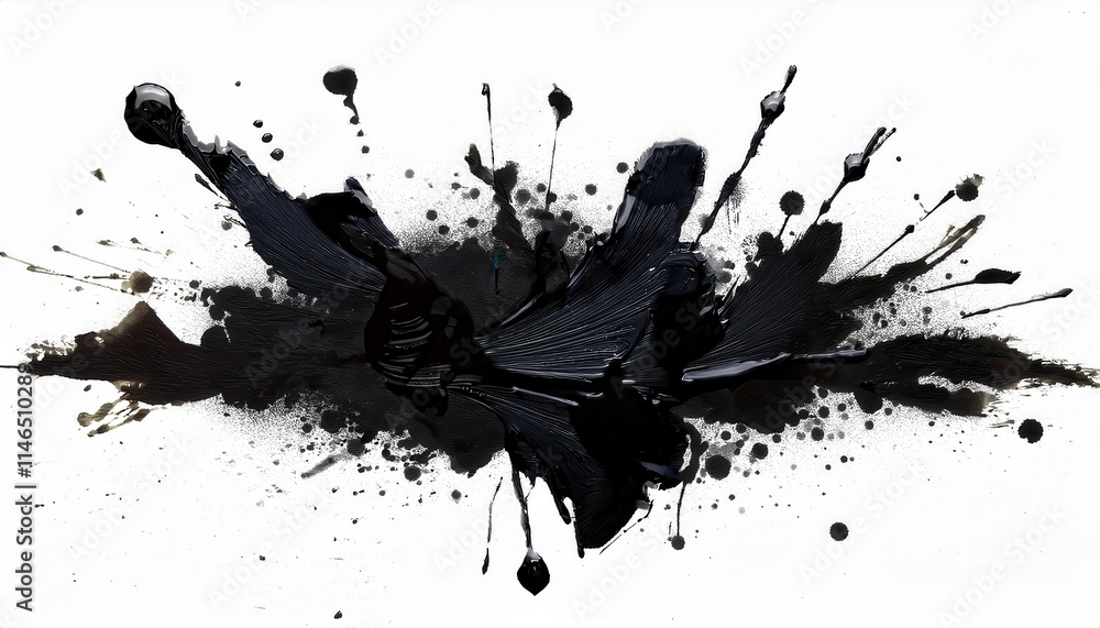 Aufkleber Dynamic Abstract Black Ink Splatter Explosion with Bold Drips and Chaotic Splatters on White Canvas. Symbolizing Creativity, Chaos, and Artistic Expression for Modern Digital or Print Art Inspiration