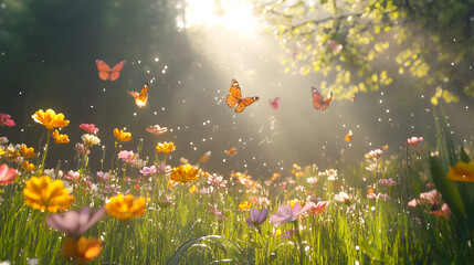 Colorful meadow with butterflies in sunlight