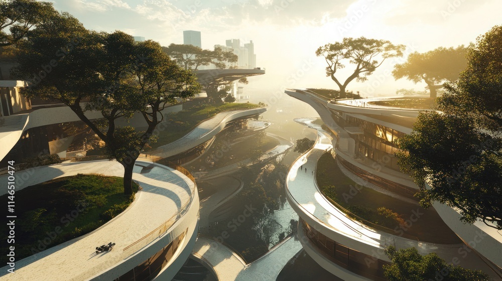 Aufkleber Futuristic architecture with interconnected structures and greenery, reflecting innovation and harmony.