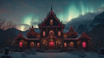 Enchanting Winter House Decorated with Festive Lights Under Aurora