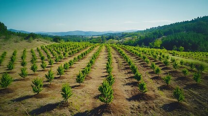 A lush forest restoration project showcasing a field of newly planted trees in organized rows 