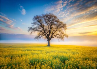 Obraz premium Lone Tree in Foggy Field - Springtime Yellow Flowers - Medium Shot Photography