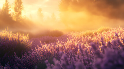 Lavender field at sunrise with misty glow.