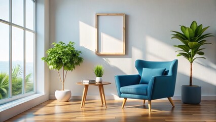 Fototapeta premium Minimalist Bright Interior Mockup: Blue Armchair, Houseplant, Wide-Angle Picture Frame