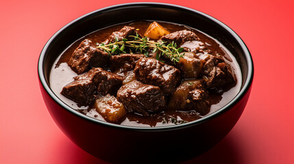Carbonnade Flamande Beef Stew with Thyme Garnish on Red Background