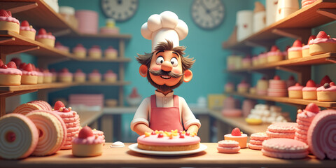 3D thoughtful pastry chef among cakes and pastries