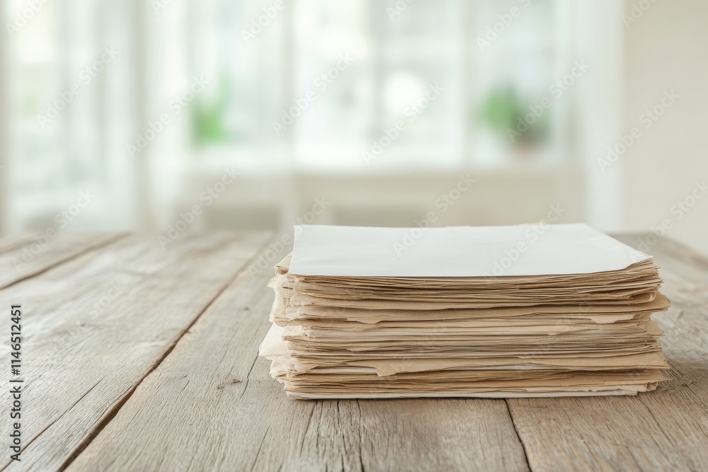 Poster surreal paper textures handwritten notes on a wooden table with soft lighting