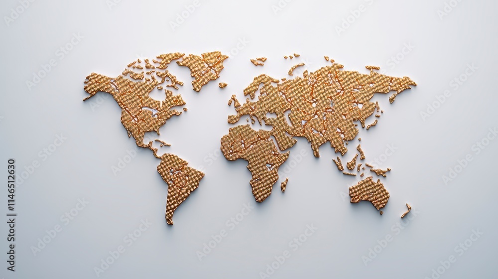Poster a creative representation of a world map made from numerous small, round objects, showcasing an arti