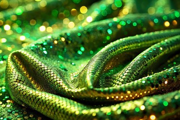 Fototapeta premium Sparkling Green Sequin Fabric on Golden Glitter Background - Close-Up Texture