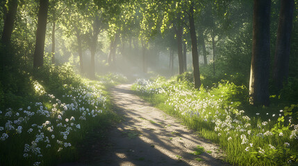 Sunlit forest path flanked by wildflowers.