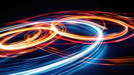 Abstract swirling neon light trails in a dark background