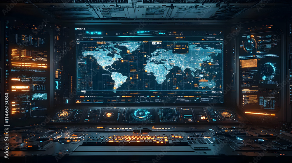 Poster futuristic control room displaying a global map with advanced digital interfaces.