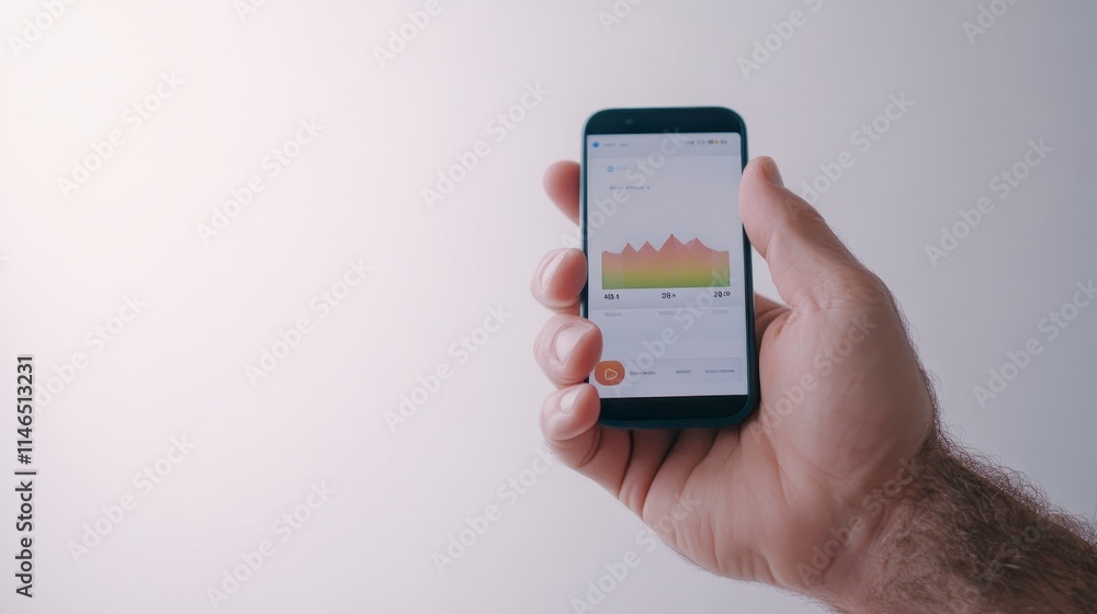 Poster a hand holds a smartphone displaying a colorful graph, suggesting data analysis or tracking on a mod