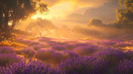 Sunset over lavender field with misty mountains