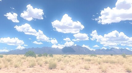 Expansive Desert Landscape Under a Blue Sky with Puffy Clouds