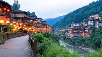 Evening Serenity Illuminated River Town in Mountain Valley