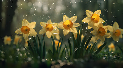 Yellow daffodils glistening in a sunlit rain.