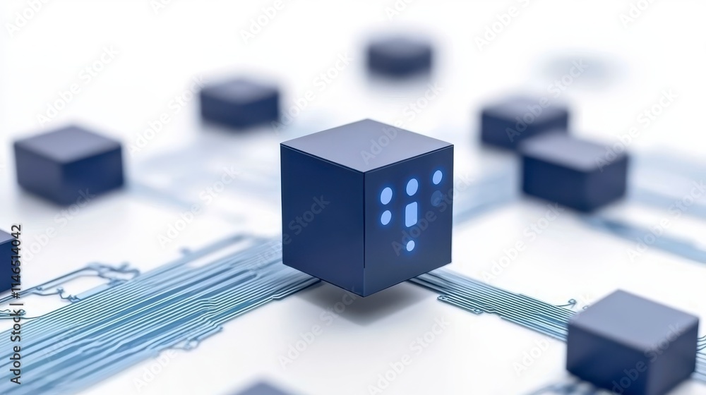 Poster a close-up view of a blue cube on a circuit-like background, symbolizing technology, innovation, or 