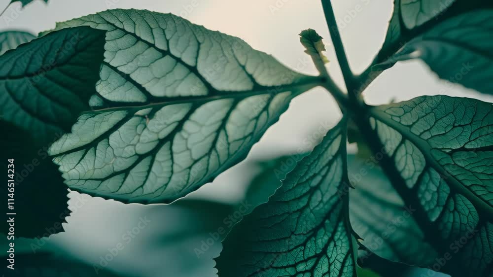 Poster exploring nature through sunlight filtering between lush green leaves in a serene environment
