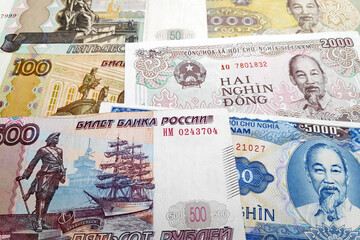Stack of Russian Ruble and Vietnamese Dong