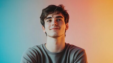 Obraz premium Portrait of a Smiling Young Man Against a Gradient Background